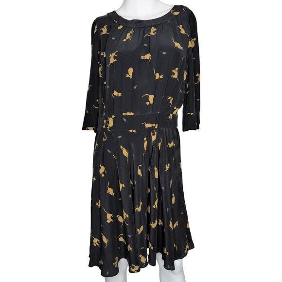NW3 Hobbs Silk Cat Mouse Print Long Sleeve Dress Pleated Midi UK 12 US 8 Novelty - Picture 1 of 7